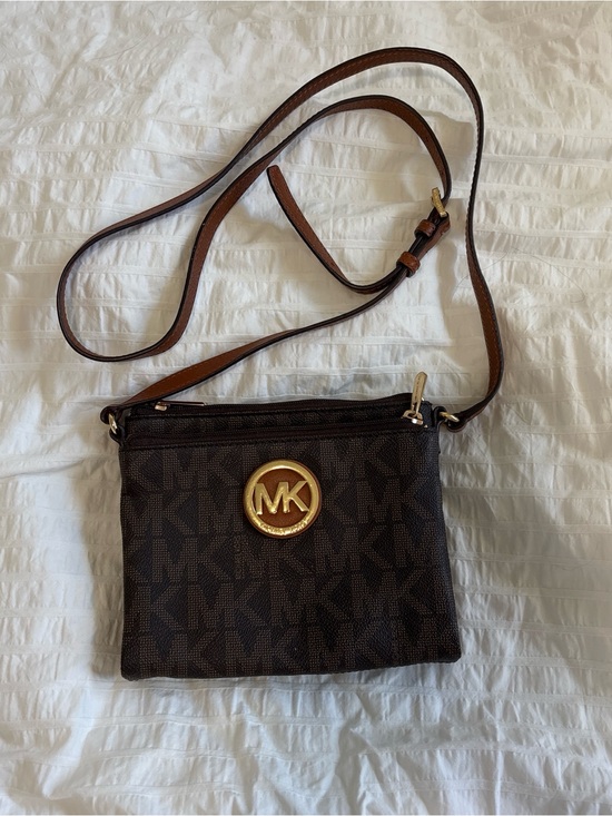 Michael Kors Handbags - Michael Kors Dark Brown Signature MK Crossbody with Gold Logo
